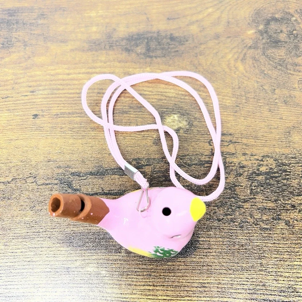 Ceramic Bird‎ Whistle Pink Folk Art Ocarina Necklace Green Yelllow